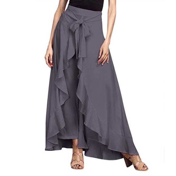 Pants - Grey Chiffon Ruffle Pant Maxi Skirt